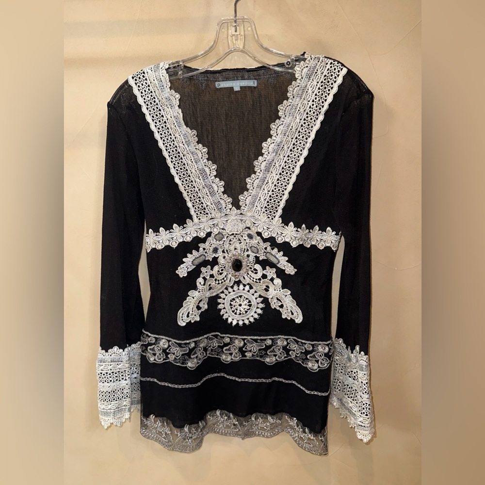 Passion Concept Womens Large Tunic Top Embellished Lace Jewel Broach Beaded Mesh